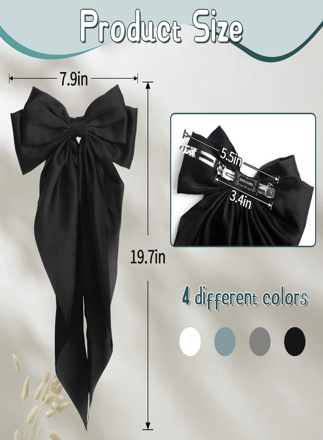 MIKONIKO Silky Satin Hair Bows - 4PCS Ribbon Bows for Women & Girls, Big Bow Hair Clips with Long Tail, Barrettes - Cute Hair Accessories Gifts (Black, Blue Grey, Grey, White) - Image 4